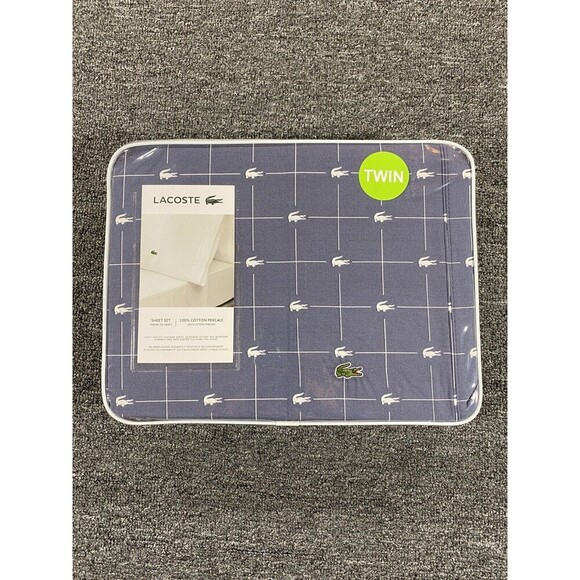 Lacoste Twin Sheet Set 4 Pc 100% Cotton Slice Sheet Indigo Blue Pillowcases - Picture 1 of 9
